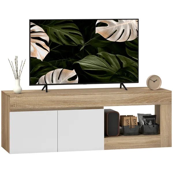 Móvel de TV Mobiliário de TV com 2 Portas Prateleira Aberta Móvel de TV de Sala de Estar para Televisóres de 60 Polegadas 140x40x48 cm Branco e Madeira - Modelo 2