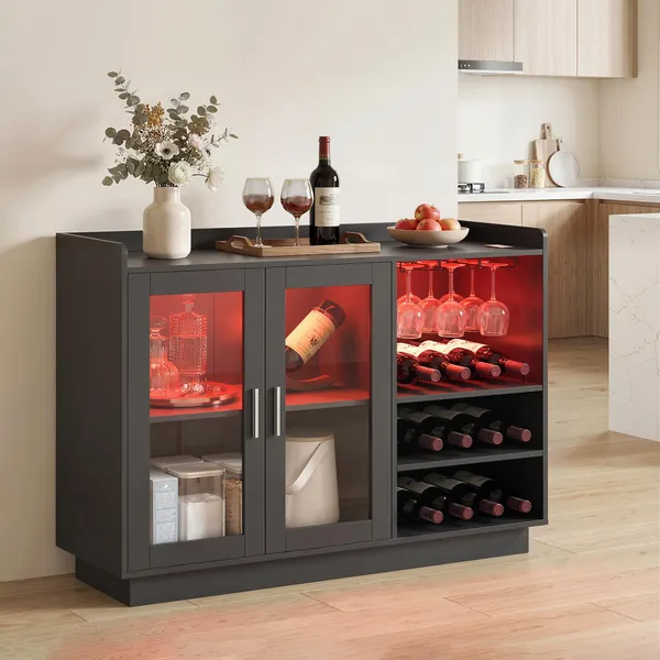 Móvil de Bar Armário Buffet para Vinos con Luces led RGB, Porta-Garrafas para 12 Garrafas, Aparador de Cocina con Prateleira Ajustable y Portas con Fecho Suave, Negro