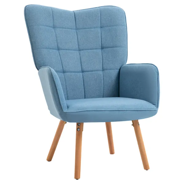 Poltrona de Sala de Estar Moderna Poltrona com Encosto Alto Apoio para os Braços Tecido de Linho e Pés de Madeira de Haya para Sala de Jantar Cozinha 71x76x101cm Azul