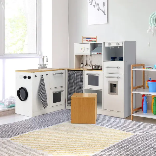 Cuisine de Jeu avec Sons et Lumières Réalistes Évier Plaques de Cuisson et Accessoires Modernes 3+ Ans Blanc
