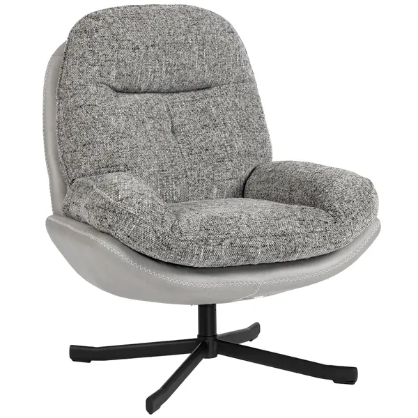 Poltrona Giratória Moderna Poltrona de Sala com Base Cruzada Estofada em Chenille e Couro PU Assento Largo Duplo Pernas de Aço e Apoios de Braço Poltrona Relax para Sala de Estar Quarto 78x95x99 cm Cinza
