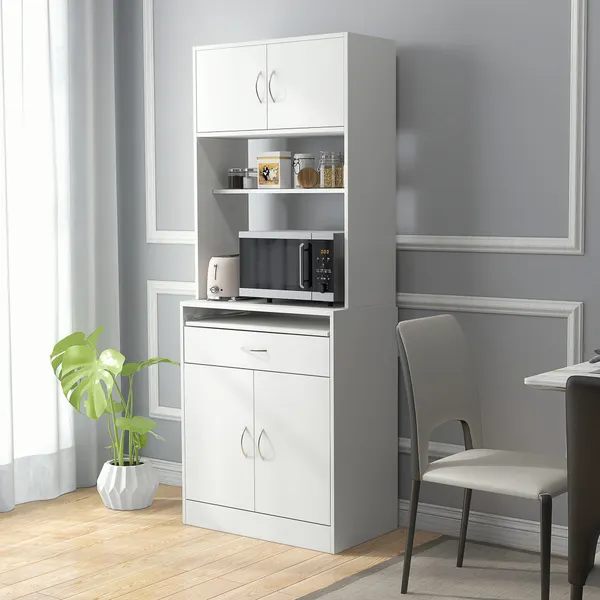 Armário de Cozinha Móvel Auxiliar de Cozinha com 4 Portas Bandeja Amovível Prateleira Ajustável Gaveta e Bancada para Micro-Ondas 70x40x180 cm Branco
