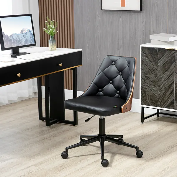 Silla de oficina Operativa Estofada en Couro PU con Altura ajustable Función Basculante 54x54,5x76-86cm Preto y Nogueira