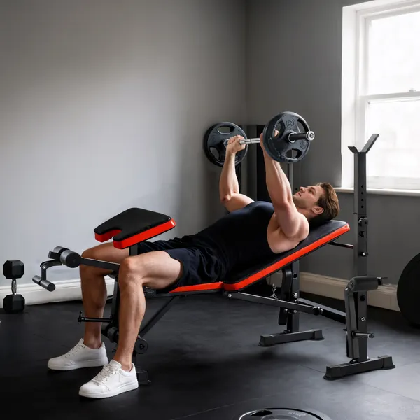 Banco de Musculação Multifuncional, Banco de Pesos com Encosto Ajustável, Suporte para Barras Regulável, Extensão de Pernas, Curl Predicador, Mariposa, Treino em Casa e Ginásio, Vermelho