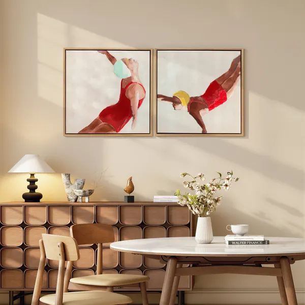 Pinturas em Tela de Figuras Dinâmicas à Mão 40x40 cm 2 Peças Pinturas de Arte de Parede Emolduradas Decoração Moderna para Quarto Sala Cozinha Vermelho