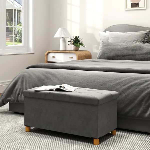 Banco de almacenamiento plegable Puff de almacenamiento Capacidad de 67 L Estofado en Veludo Baú de Almacenamiento Habitación Carga 120 kg para Sala de estar Entrada 76x38x38 cm gris
