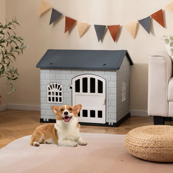Maison pour Chiens en Plastique avec 3 Fenêtres et Porte Verrouillable Toit Incliné 75 x 58 x 65 cm Gris