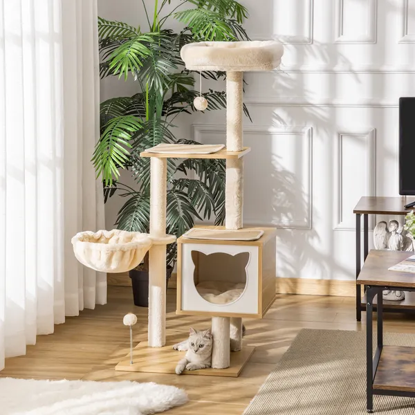Árbol Arranhador para Gatos, Torre de 126 cm con Plataformas, Red, Toca, Cama, Postes de Sisal, Bolas y Almohadas Lavables, Bege