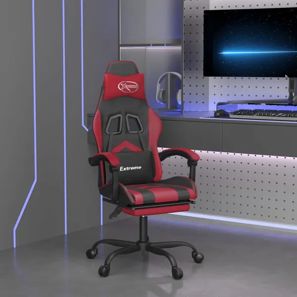 Cadeira gaming giratória + apoio pés couro artific. preto/tinto
