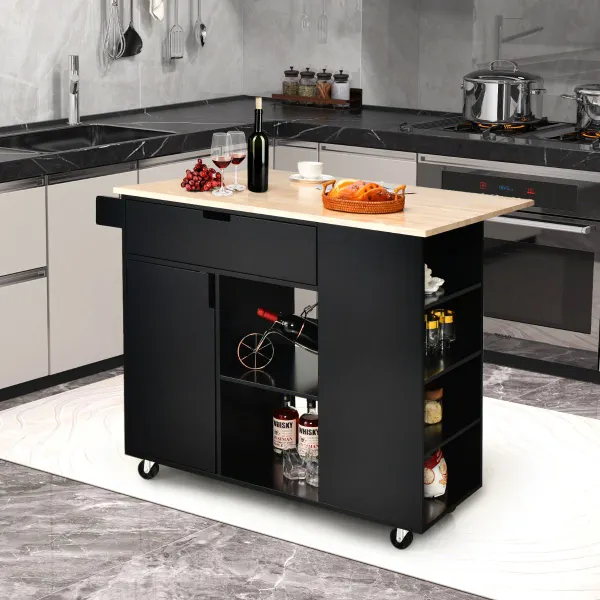 Ilha de Cozinha Rodante com Tampo Dobrável Carrinho Serviço Madeira Borracha 124x76x92cm
