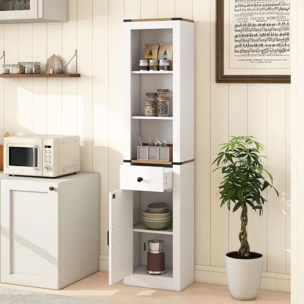 Armario de Baño Estrecho con Puerta de Granero Cajón y Estante Ajustable Gabinete Rústico para Lavadero Sala o Cocina 173 cm Blanco