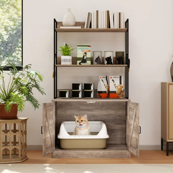 Meuble Dissimulé pour Bac à Litière Chat 3 Étagères 4 Crochets 2 Portes Gris