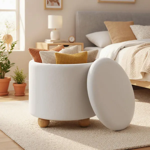 Taburete Redondo con Almacenamiento Oculto Tapizado en Chenilla Tapa Extraíble Blanco 35 L