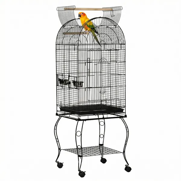 Gaiola para Pássaros com Suporte e Rodas Gaiola Grande de Metal com Bandeja Amovível e 2 Tigelas 51x51x153 cm Preto