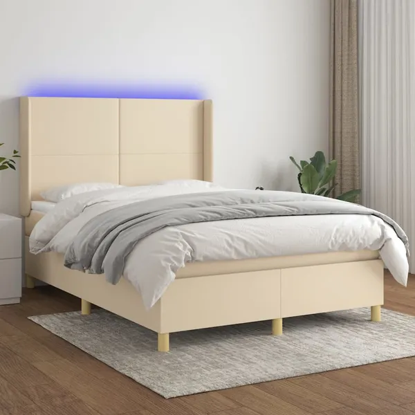 Cama box spring c/ colchão e LED 140x190 cm tecido cor creme