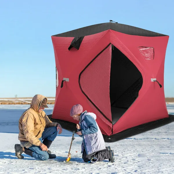 Tienda de Pesca en Hielo Plegable Aislada Refugio Portátil para 2 Personas con Paredes Acolchadas de Algodón Ventanas Puerta Rojo