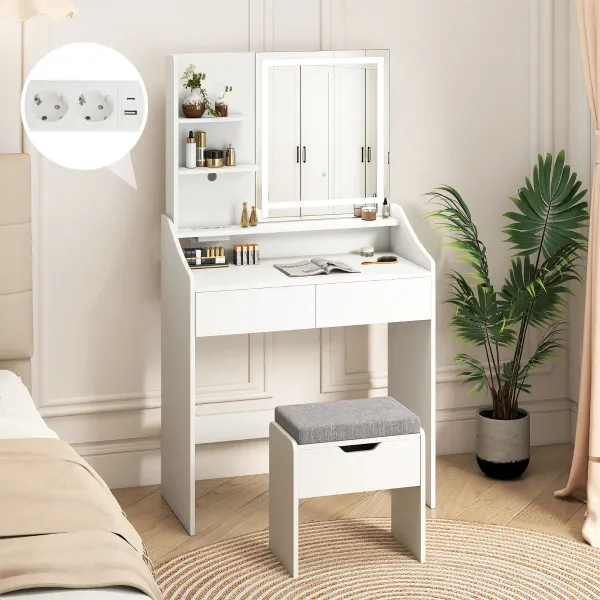 Coiffeuse Miroir LED 3 Couleurs, Station de Charge USB et Tabouret Rangement Blanc