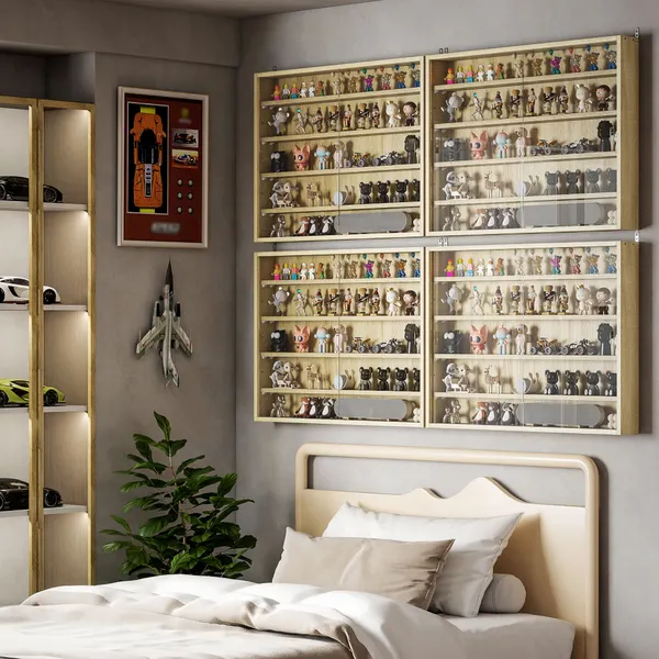 Vitrine de Parede de Madeira com Prateleiras Ajustáveis e 2 Portas Corredeiras de Vidro para Coleções Perfumes Bonecos de Decoração 80x9,5x60 cm Carvalho