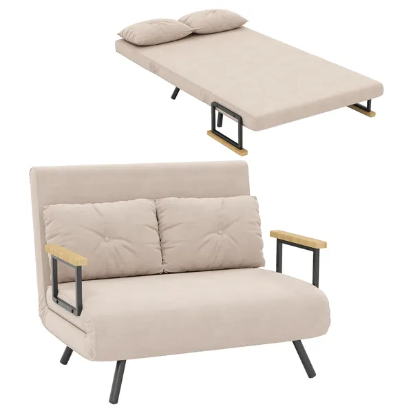 Sofá Cama Sofá Convertível em Cama de 2 Lugares Dobrável com Encosto Ajustável em 5 Níveis e 2 Almofadas Acolchoadas para Escritório Dormitório Sala de Estar 102x73x81 cm Bege