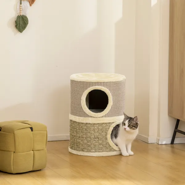 Arranhador em Forma de Cilindro para Gatos com 3 Níveis Plataforma e Caverna Confortável 37,5x37,5x70 cm Caqui e Bege