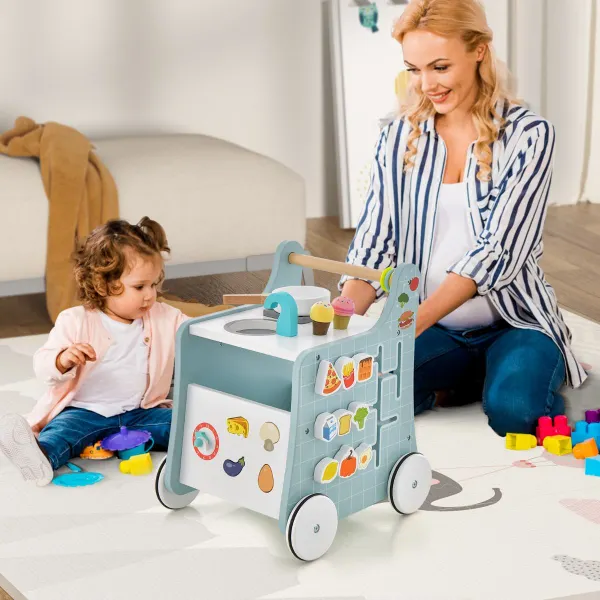 Trotteur Bébé Bois 6 en 1 avec Cuisine de Jeu et Centre d'Activités pour +12 Mois