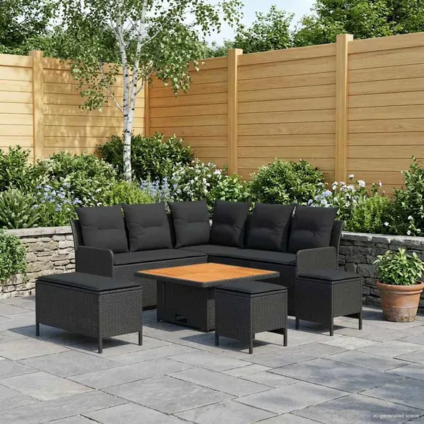 Conjuntos de móveis com travesseiro 7 pcs Preto Rattan de PE