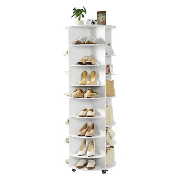 Torre organizador sapatos 7 níveis, 360° rotativo com rodas, branco