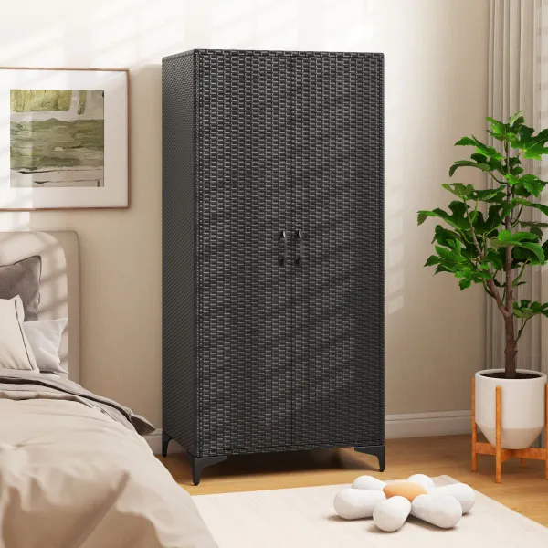 Armário de Mimbre com 2 Portas PE, Barra de Pendurar e 4 Cubos de Arrumação