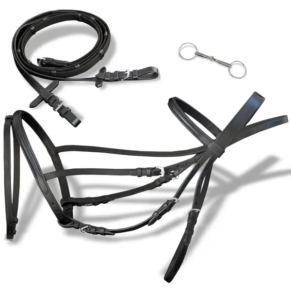Cabeçada de couro com rédeas e brida, preto, cob