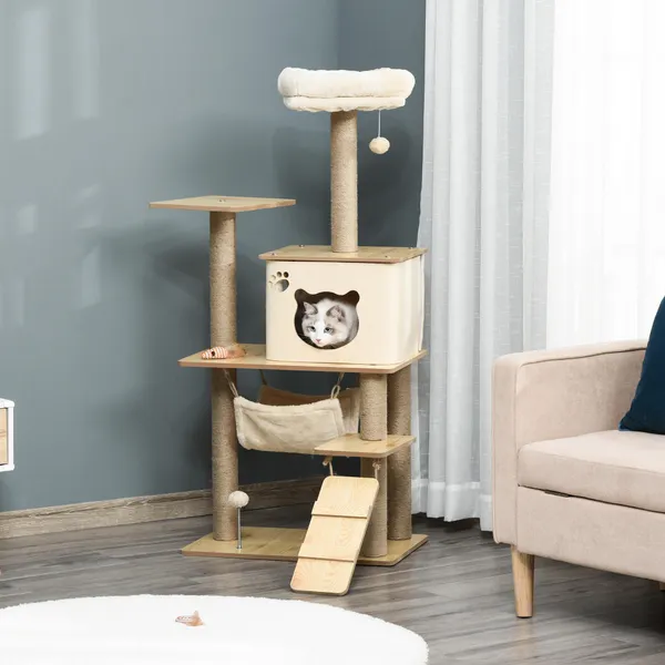 Arbre de scratching pour chats Tour d'escalade avec plates-formes Échelle Réseau Cave Posts pour Jute Scratching Supposant Balle et Repos 60x40x130cm Beige