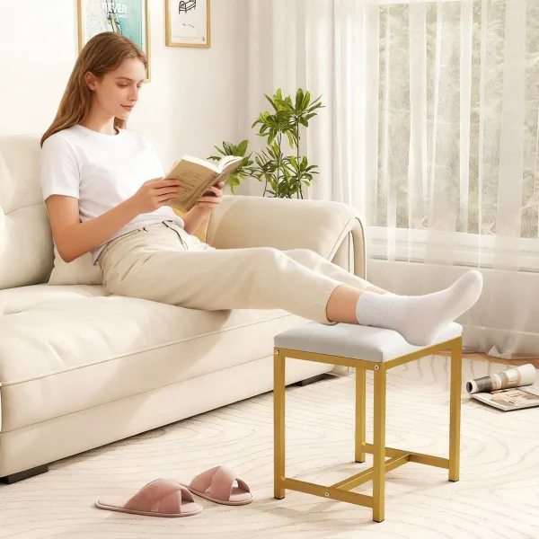 Taburete de Penteadeira com Almofada Estofada e Patas Metal Dourado 150 kg Branco