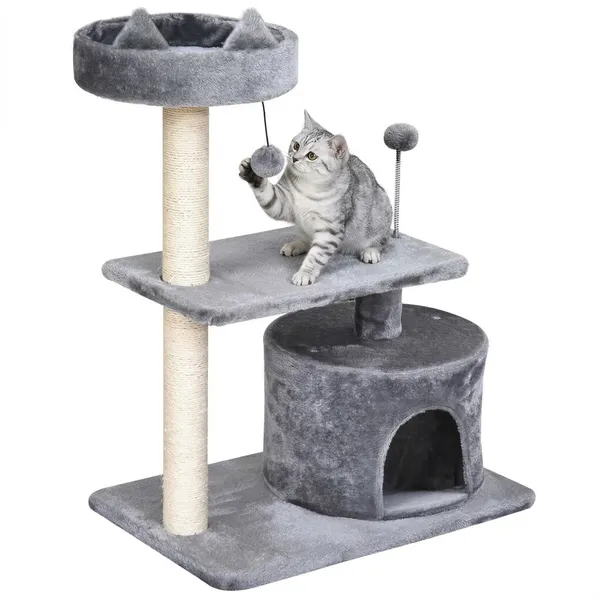Arranhador para Gatos 81 cm Torre para Gatos Médios com Cama Plataforma Caverna Poste de Sisal e Bolas de Brinquedo 60x40x81 cm Cinza