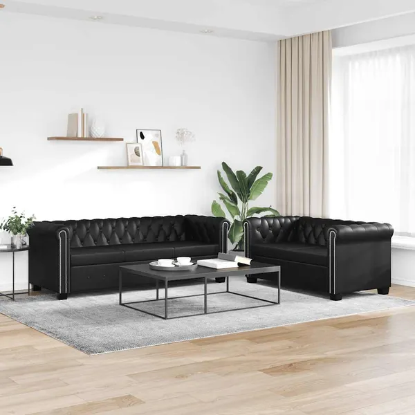 Conjunto sofás Chesterfield 2 + 3 lugares couro artific. preto
