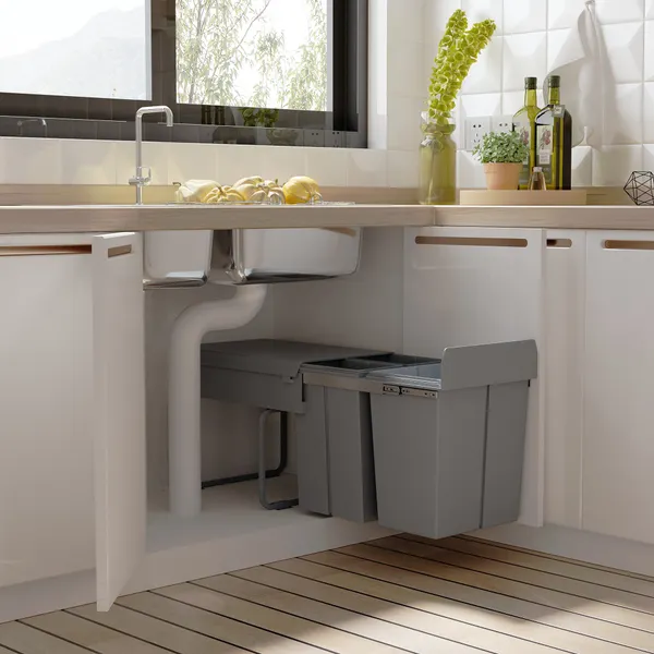 Cubos de papel para cocina con 3 envases de reciclaje remoto 1x20L y 2x10L Metal y Plástico 48x34,2x41,8cm gris