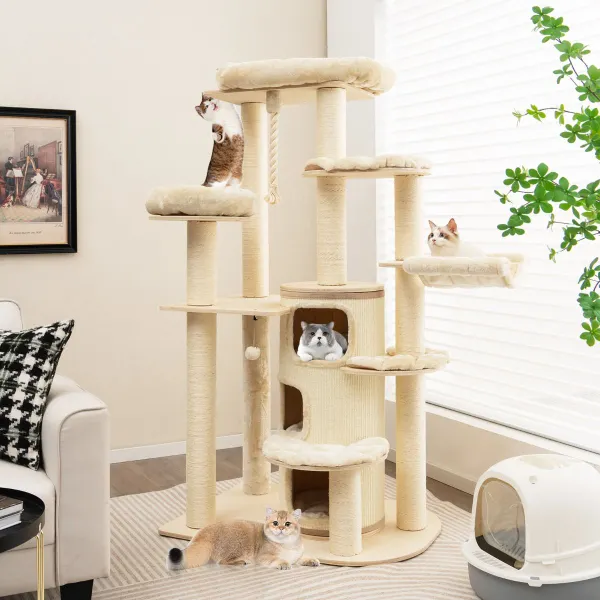 Árbol para Gatos de Múltiples Niveles con Postes para Rascar Mueble Moderno para Gatos en Interiores 95 x 68 x 173 cm