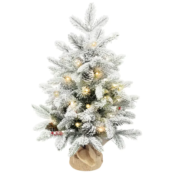 Árbol de Navidad con 35 Luces led 60 cm Mini Árbol de Navidad artificial con 182 Ramos con Nieve Pinhas Bagas y Base de Bolsa de Juta Decoración de Navidad de Mesa para Casa Oficina Verde