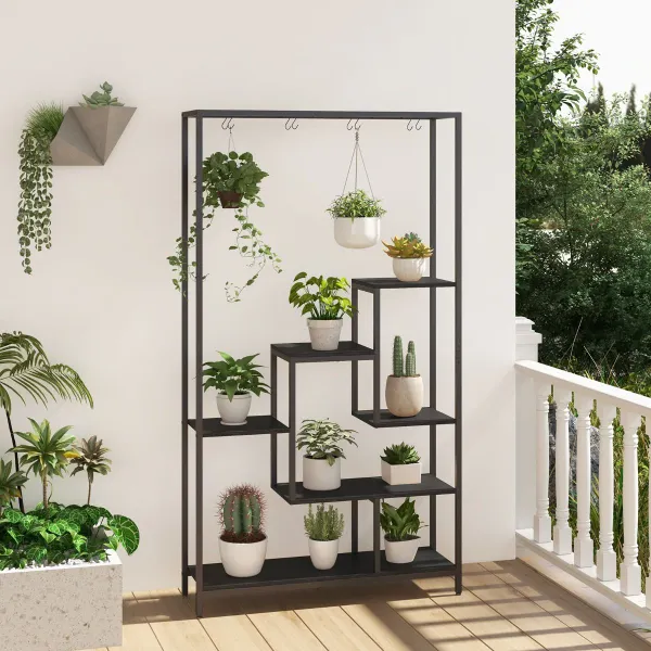 Suporte para Plantas 6 Níveis 180 cm com 10 Ganchos e Prateleiras de Arame