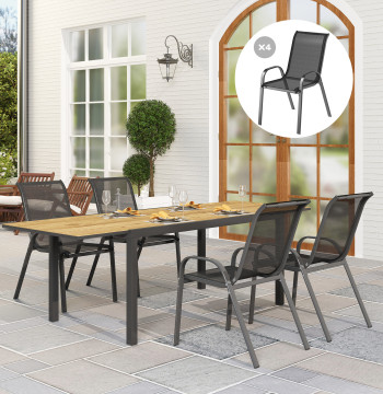 Set di 4 sedie da giardino Sedie esterne Sedie da giardino impilabili con tessuto struttura in acciaio traspirante bracciolo e schienale Supporto 54x71x93 cm Nero