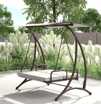 Ballon de jardin extérieur de 3 places Balançoire de jardin convertible en lit avec auvent réglable Protection UPF30+ et Coussin charge 330 kg 200x120x175 cm clair gris