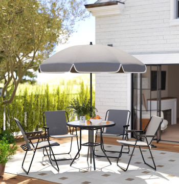 Set da tavolo e 6 sedie da giardino Mobili da giardino esterni con 4 sedie pieghevoli Tavolo in vetro e cappello da sole per terrazza Cortile grigio