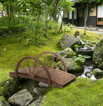 Puente de Madera al Jardín Puente Decorativa con Capacidad Máxima de 150 kg con Corrimón en forma de media rueda 100x50x37 cm Marrom