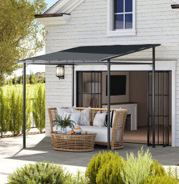 Pergola de Parede 2,4x2,4 m Pérgola de Jardín con Teto Inclinado Protección UV 30+ Impermeable y Estructura de Metal para Pátio Terraço Varanda gris oscuro