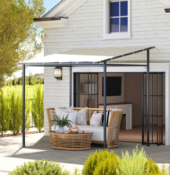 Pérgola de Parede 2,4x2,4 m Pérgola de Jardín con Teto Inclinado Protección UV 30+ Impermeable y Estructura de Metal para Pátio Terraço Varanda Creme