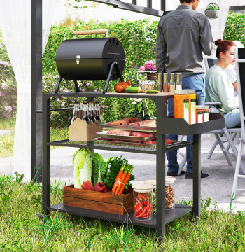 3 Barbecue Support Chariot Niveaux Chariot de service Barbecue Chariot avec 4 roues Poignées et table de support pour four à pizza pour jardin Cour Cour 105x50x79 cm Noir