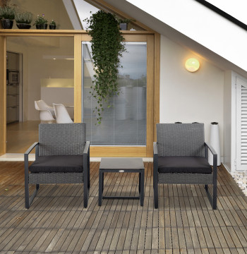 Conjunto de Muebles de Jardín de Vime 3 Piezas con 1 Mesa 42,5x40x39 cm 2 Poltronas 63x57x76 cm Almohada Acolchoada para Pátio Varanda Cinzento y Preto