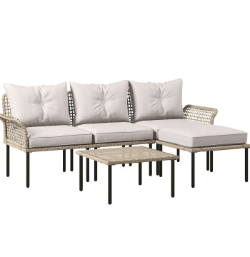 Ensemble synthétique de jardin Vime de meubles extérieurs avec canapé de 4 Modules 1 Table centrale et Cuffs Creme