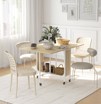 HOMOM Mesa de Cozinha Dobrável Mesa de Refeição Dobrável com Rodas Laterais Abatíveis e Prateleira Mesa Dobrável para Sala de Jantar 130x80x74 cm Madeira e Branco