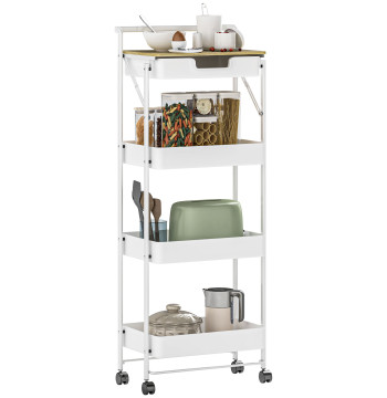 Carrinho Auxiliar com Rodas de 4 Níveis Carrinho de Cozinha com 1 Gaveta e 3 Cestos Carrinho Organizador para Dormitorio Sala Escritório 45x29,5x117,5 cm Branco