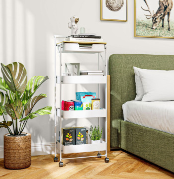 Carrinho Auxiliar com Rodas de 4 Níveis Carrinho de Cozinha com 1 Gaveta e 3 Cestos Carrinho Organizador para Dormitorio Sala Escritório 45x29,5x117,5 cm Branco