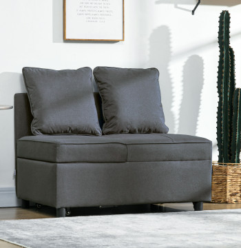 Sofá Cama 3 em 1 Sofá de 2 Lugares com Encosto Ajustável Sofá Cama Individual com Almofadas para Dormitório Sala de Estar 65x98x69 cm Cinzento